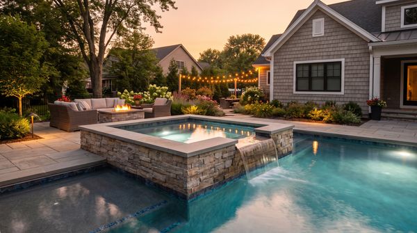 Raised stone spa spilling over into the main pool at dusk