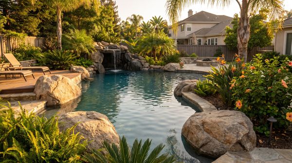 Freeform tropical lagoon-style pool with boulders and a rock grotto
